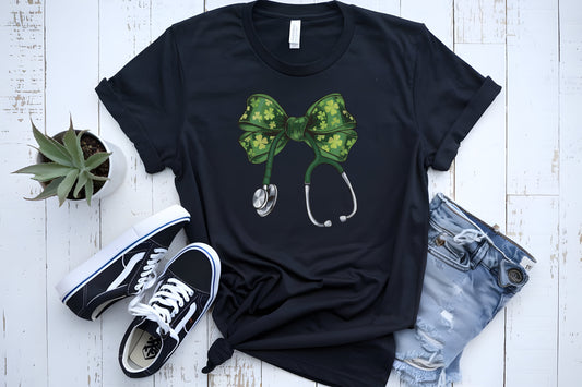 NURSE Green Stethoscope & Bow T-Shirt (St. Patricks Day)