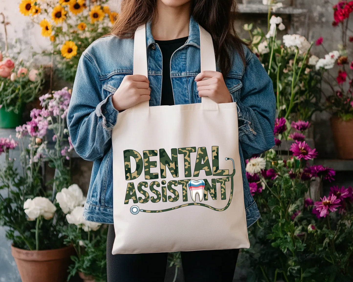 Large Canvas Tote Bag- Dental Assistant Camouflage